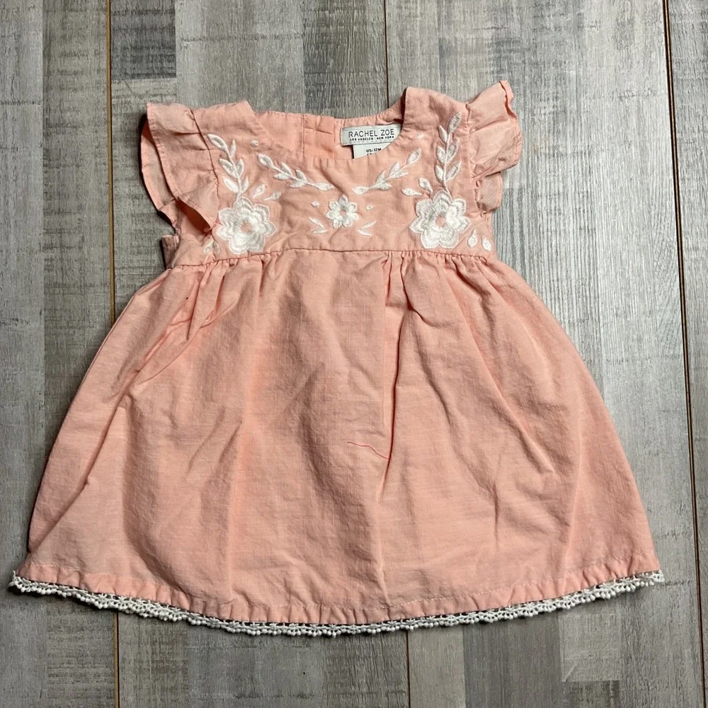 Rachel Zoe Baby Girl Peach Floral Embroidered Flutter Sleeve Dress 12M Lace Trim